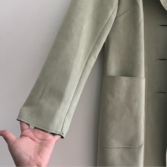 Magaschoni Faux Suede Leather Green Long Jacket Trench Coat Style Small - Picture 3 of 9